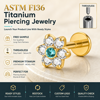 Perhiasan Tubuh JiaXin ASTM F136 Titanium Threadless Push Pin Flat Back Labret Stud untuk Bibir, Tragus, Helix, Conch, Tulang Rawan, Berbentuk Bunga dengan CZ, Ukuran 16G