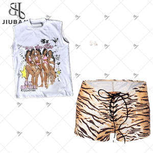 Ensemble deux pièces rétro style streetwear américain pour femme : haut sans manches à col rond imprimé + short <span class=keywords><strong>en</strong></span> <span class=keywords><strong>jean</strong></span> à lacets imprimé animal - Product Image 3