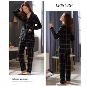 Pigiama da Donna Confortevole in Cotone Primavera Autunno a Maniche Lunghe con Tasche <span class=keywords><strong>Abbigliamento</strong></span> da Casa Taglie Forti Morbido con Colletto a Revers - Product Image 5