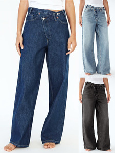 <b>Women</b> High Rise Vintage Denim Wide Leg <b>Jeans</b> Embroidery Rivet <b>Button</b> Elastic Loose Oblique <b>Fly</b> Woven Breathable Baggy - Product Image 6