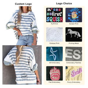 T-shirt printemps en coton à manches longues pour filles, sweat à capuche rayé avec ourlet fendu imprimé avec logo pour l'hiver, vente en gros sur mesure - Product Image 3