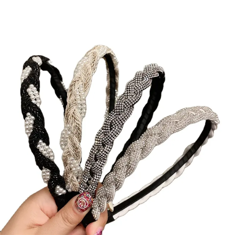 2021 Latest headband bling bling rhinestone decorated braid design hairband handmade fabric crystal hair band for girls women