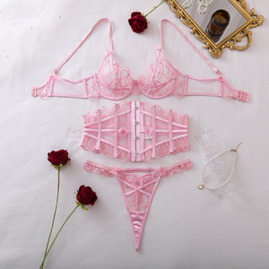 Ensemble de lingerie brodée à la française 3 pièces en maille transparente, bustier, soutien-gorge et culotte sexy à bretelles avec nœuds - Product Image 5