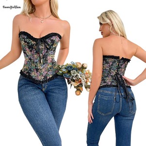 Plus Size Xs-xxl Vintage Renaissance Fair Corselet Woman's Black <strong>Rose</strong> Printed Denim Jean Fabric Ruffled Corset <strong>Top</strong> - Product Image 6
