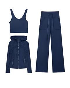 Solid Hooded Yoga Suit Women's Slimming Breathable 3 Piece Set Slim-fit Jacket + Long High Waist Drawstring for Wide-leg Pants - Product Image 5