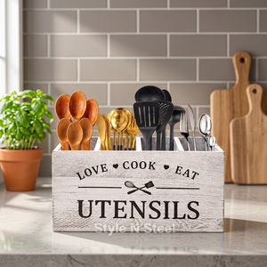Wooden Kitchen <b>Utensil</b> Holder Countertop <b>Organizer</b> Rack With Drain Hole Farmhouse Style Spoon Fork Spatula Storage Box - Product Image 6