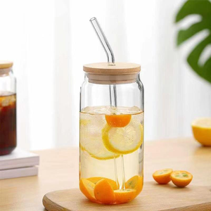 Ly thủy tinh chịu nhiệt 16oz 18oz, khuyến mãi nóng, hình dạng lon bia, kèm ống hút thủy tinh và nắp tre - Product Image 5