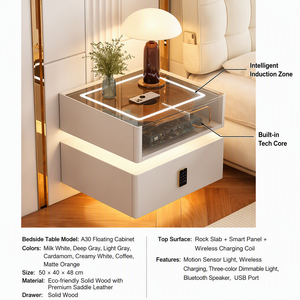 <span class=keywords><strong>Table</strong></span> de chevet flottante intelligente moderne avec chargeur sans fil, haut-parleur Bluetooth, lumière LED et plateau en pierre frittée – <span class=keywords><strong>Table</strong></span> de chevet de luxe - Product Image 3