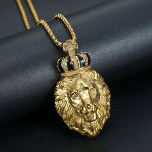 yunnique Lion Head Pendant Necklace Gold Plated Stainless Steel Crown With Rhinestones Men's Hip Hop Jewelry Party Accessory - Product Image 1