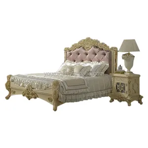 Royal Klassieke Ivoor Stof Bed, Franse Barok Gesneden Houten Slaapkamermeubilair Voor Grand Palace,