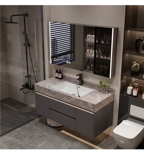 Meuble de salle de bain mural intelligent avec miroir, style moderne, en dalle de roche imperméable et résistante à l'humidité - Product Image 1