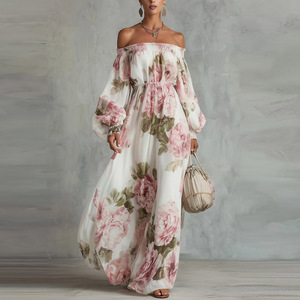 Vestido Midi Bohemio de Gasa con Hombros Descubiertos, Estampado Floral y Cintura Fruncida para Mujer, Ideal para <span class=keywords><strong>Vacaciones</strong></span> de Verano - Product Image 1