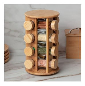 Estante de almacenamiento de botellas de jarabe grueso rústico, estante de especias de encimera de bambú redondo giratorio, organizador giratorio de jarabe cuadrado - Product Image 1