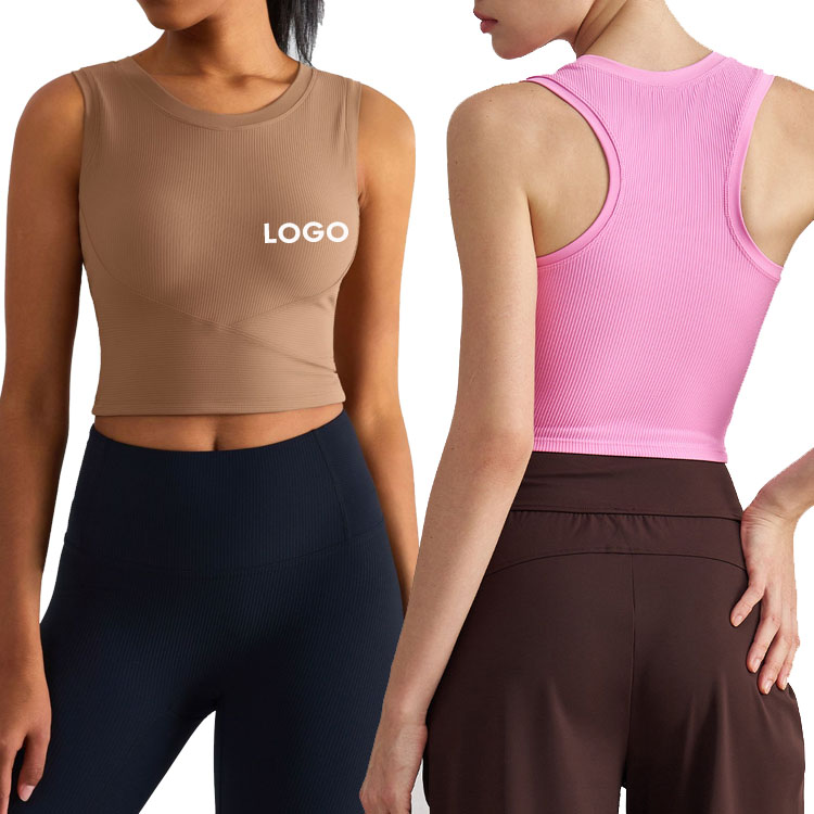 High Quality Women's Sleeveless Ribbed Breathable Longline Crew Neck Yoga Racerback Padded Sports Bra Slim Fit Workout Crop Tank