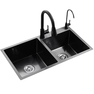 Évier de cuisine moderne noir en acier inoxydable nano, double bac, avec robinet extractible et robinet filtrant, vente en gros - Product Image 2