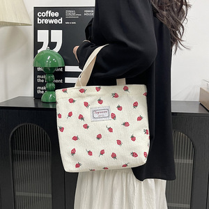 Topvostre Strawberry Print Corduroy Tote <b>Bag</b> White Large Capacity Fashionable Design Everyday Use - Product Image 2