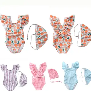 Summer New Design Flying Sleeves Kids 1 Piece Swimsuit Print Striped One-Piece Baby Swimwear