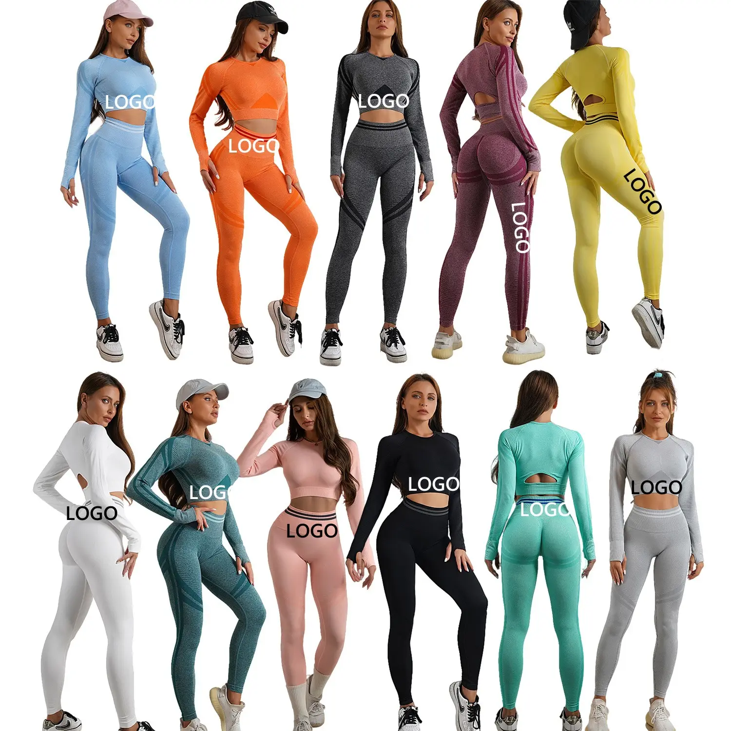 Custom Logo 2023 Women Sportswear Gym Fitness Active Wear High Waisted Pants long sleeve 2 Piece Set Seamless Yoga Set