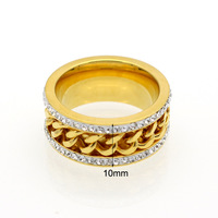 Vente chaude Mode En Acier Inoxydable Double Rangée Diamant Chaîne Anneau Classique 10mm 18K Plaqué Or Couple Bague De Fiançailles Bijoux