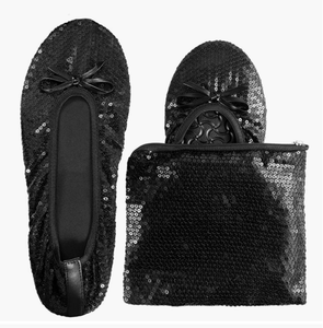 숙녀 접이식 여행 슬리퍼 블랙 스팽글 접는 발레리나 플랫 대형 포켓 경량 여름 신발 할인 인쇄 - Product Image 1
