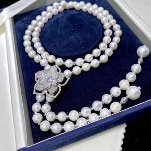 สร้อยคอมุกน้ำจืดธรรมชาติ 8-9 มม. 4-5 แทบจะกลม พร้อมโบว์ สร้อยคอแบบสองชั้น ความยาว 65 ซม. - Product Image 5