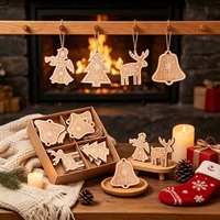 Ensemble de 4 décorations de Noël en bois : ange, renne, cloche, style rustique naturel, à suspendre, boîte cadeau, ficelle de jute, pour les fêtes de Noël