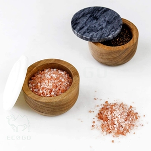 Boîte à sel et poivre en bois d'acacia Boîte de rangement d'épices avec couvercle en marbre pour la cuisine - Product Image 3