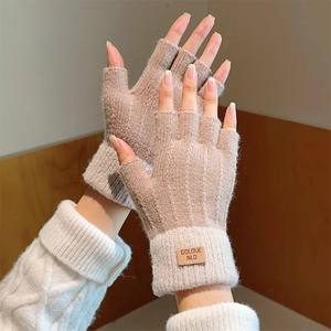 Gants d'hiver sans doigts pour hommes Demi-doigt Office Knitted Thick Wool Warm Label Thick Elastic Outdoor Driving Gloves - Product Image 4