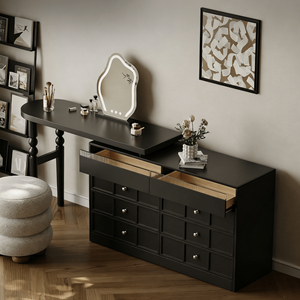 Toeletta in Stile Americano con Cassettiera Angolare Estensibile, Mobile Nero in Legno per Trucco - Product Image 5