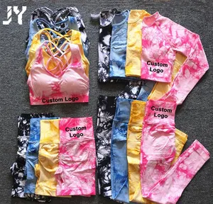 Joyyoung Seamless Yoga Set Long Sleeve High Waist Leggings Tie Dye Crop Bra Shorts Workout Outfit Fitness Wear Running Gym Cloth