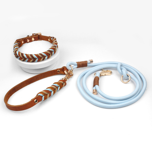 Maßgefertigtes Modernes Haustier-Leine-und-Halsband-Set Handgewebtes PU-Leder Geflochtenes Paracord mit Solidem Muster und Federdekoration - Product Image 1