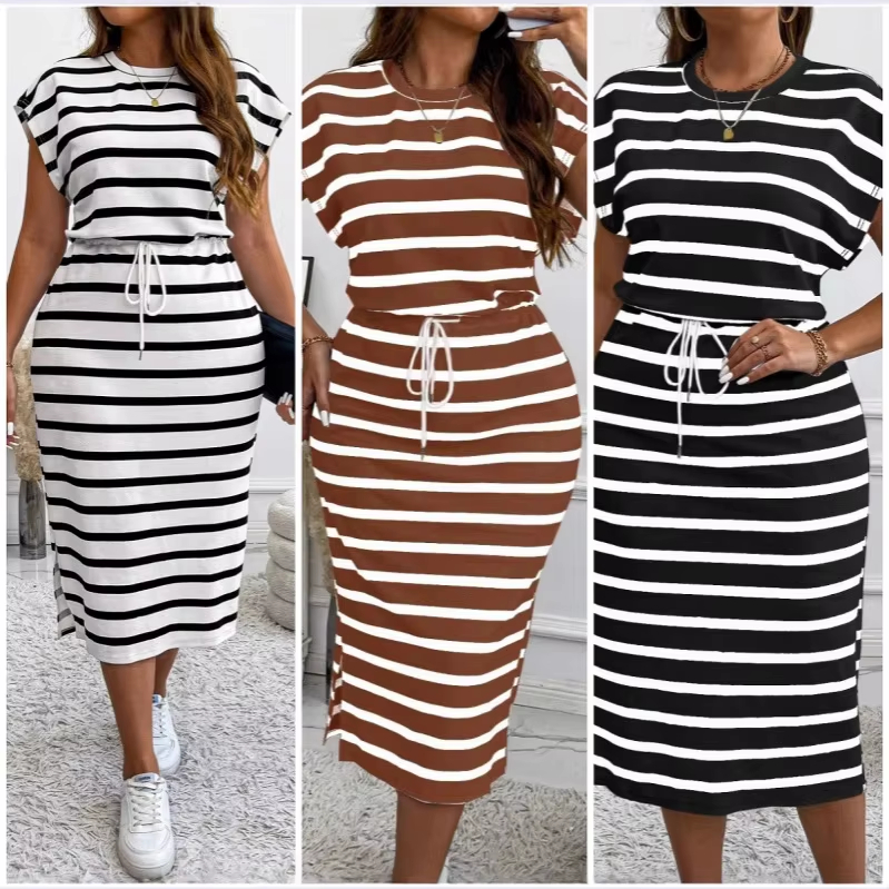 round neck stripe print high waist dress Stylish Round Neck Striped Print with Adjustable Waist Dress| Alibaba.com