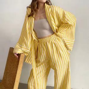 Nouveautés Offre Spéciale Automne Ensemble Deux Pièces Femme en Lin : Chemise Décontractée à Col Revers et Pantalon Taille Haute Rayé - Product Image 3