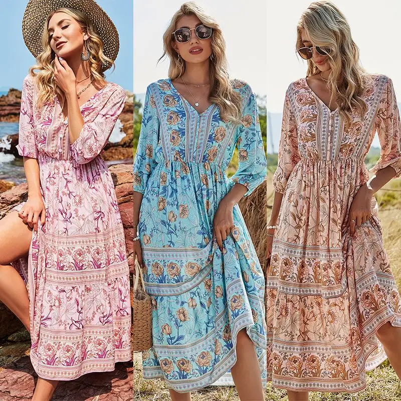 2022 gros Boho bouton Vintage mince à manches courtes imprimé fleuri longues robes femmes Maxi élégant décontracté bohème robe de plage