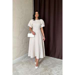 Robe de bal longue en gros ODM, beige, manches ballon, fleurs brodées, taille XL, style de fête formelle, pailletée pour les mariages - Product Image 5