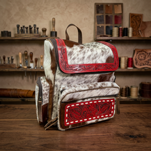 Sac à dos imprimé en cuir de vachette avec garniture en cuir gaufré rouge, fermeture éclair, style bohème unisexe, souple, 20-35L, usage quotidien - Product Image 4