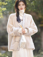 Gaya Dreamer Mantel Bulu Imitasi Ramah Lingkungan Bergaya Cina Tradisional Baru dengan Kancing Katak, Kerah V, dan Model Slim Berlapis.