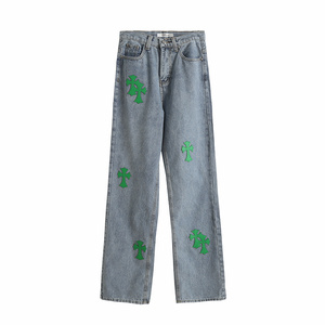Jeans en Denim à Coudre en <span class=keywords><strong>Cuir</strong></span> pour Femmes Pantalon Droit Décontracté Taille Haute Pantalon Élastique Streetwear Hip Hop Lâche Pantalon en Denim pour Dames - Product Image 1