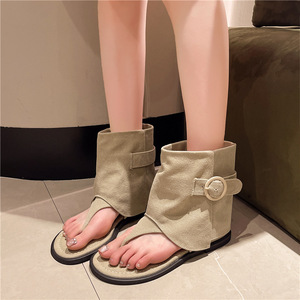 Femmes toile flip-top bottines 2025 été nouveau Style évidé Denim plat bout ouvert bottes au genou - Product Image 5