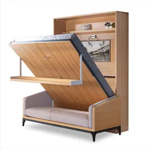 Muebles de dormitorio estilo moderno, cama plegable funcional, marco de escritorio, metal, madera, pared, cama con sofá