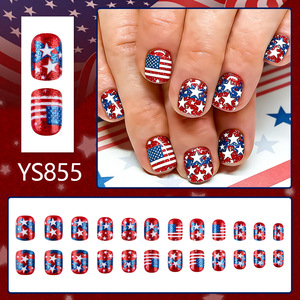 Faux ongles carrés prédécoupés à pression, style européen, <span class=keywords><strong>rouge</strong></span> et bleu, à paillettes, motif étoiles et rayures, pour la Fête de l'Indépendance, 24 pièces par paquet - Product Image 3