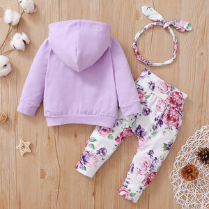 4 colori autunno 3 pezzi completi per bambini manica lunga con cappuccio stampato floreale <span class=keywords><strong>tasca</strong></span> top pantaloni fascia per capelli set di vestiti per neonate - Product Image 5