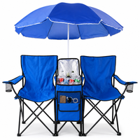 Banc de camping pliable pour deux personnes, durable, en acier Oxford 600D, avec parasol amovible, sac isotherme, accoudoirs et poches.