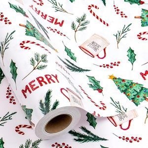 Rouleau de papier cadeau de Noël 17 po x 32,8 pi (46,5 pi²) avec motifs arbres, cannes en sucre et lettres joyeuses pour emballage de cadeaux de fêtes - Product Image 1