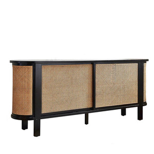 Black solid wood <b>sideboard</b> for dining, vintage style, suitable for home use, French style, rattan woven wood, tea cabinet, - Product Image 4