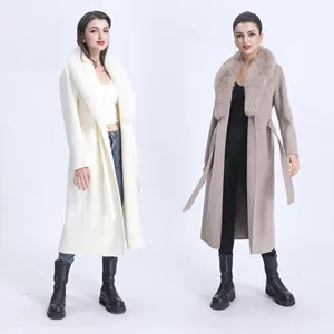 Wholesale Women Fashion Cashmere Fox Fur Collar Wool Coat