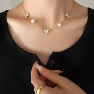 2023 Mode Schmetterling Halskette Edelstahl Zierliche 18 Karat echte vergoldete Muschel Charms Halskette Perlenkette für Frauen