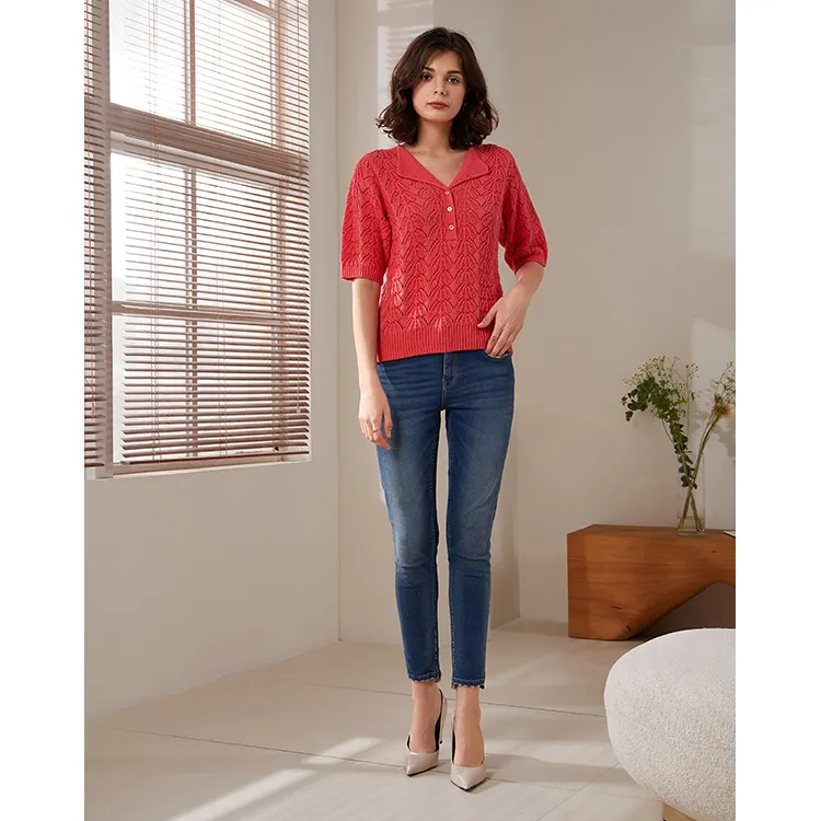 Hot Selling Women's Suit Collar Short Sleeve Shirt 60% Cotton 40% Acrylic Short Sleeve Sweater