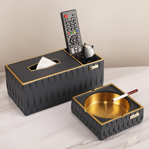 Modern Tissue Box With <b>Remote</b> <b>Holder</b> And Ashtray Resin Living Room Storage Organizer Black Gold Trim Multi Functional - Product Image 1