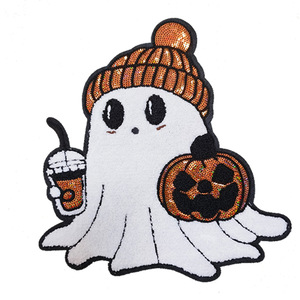 スウェットシャツビッグハロウィンシェニールパッチアイロン用かわいい秋シーズンスパンコールゴースト弓パンプキンシェニールパッチ - Product Image 6